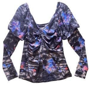 Scarlet Darkness Blouse Womens XL Whimsygoth Floral Mesh Top Ruched Puff Sleeves